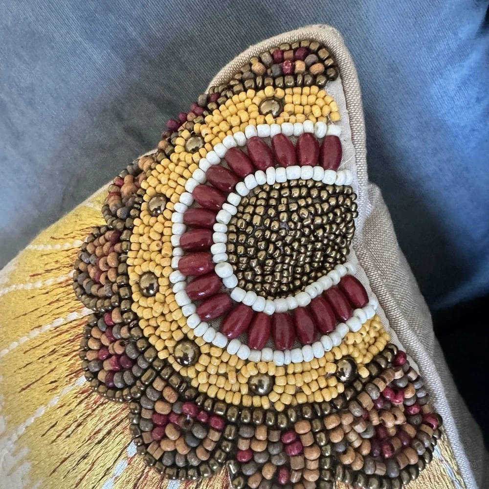 Vintage Pier 1 Beaded ~ Embroidered ~Sunflower Throw Pillow ~ Floral BOHO 20x14